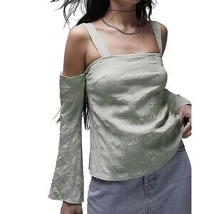 Topshop Textured Cold Shoulder Long Sleeve‎ Top Sage Green Women's 6